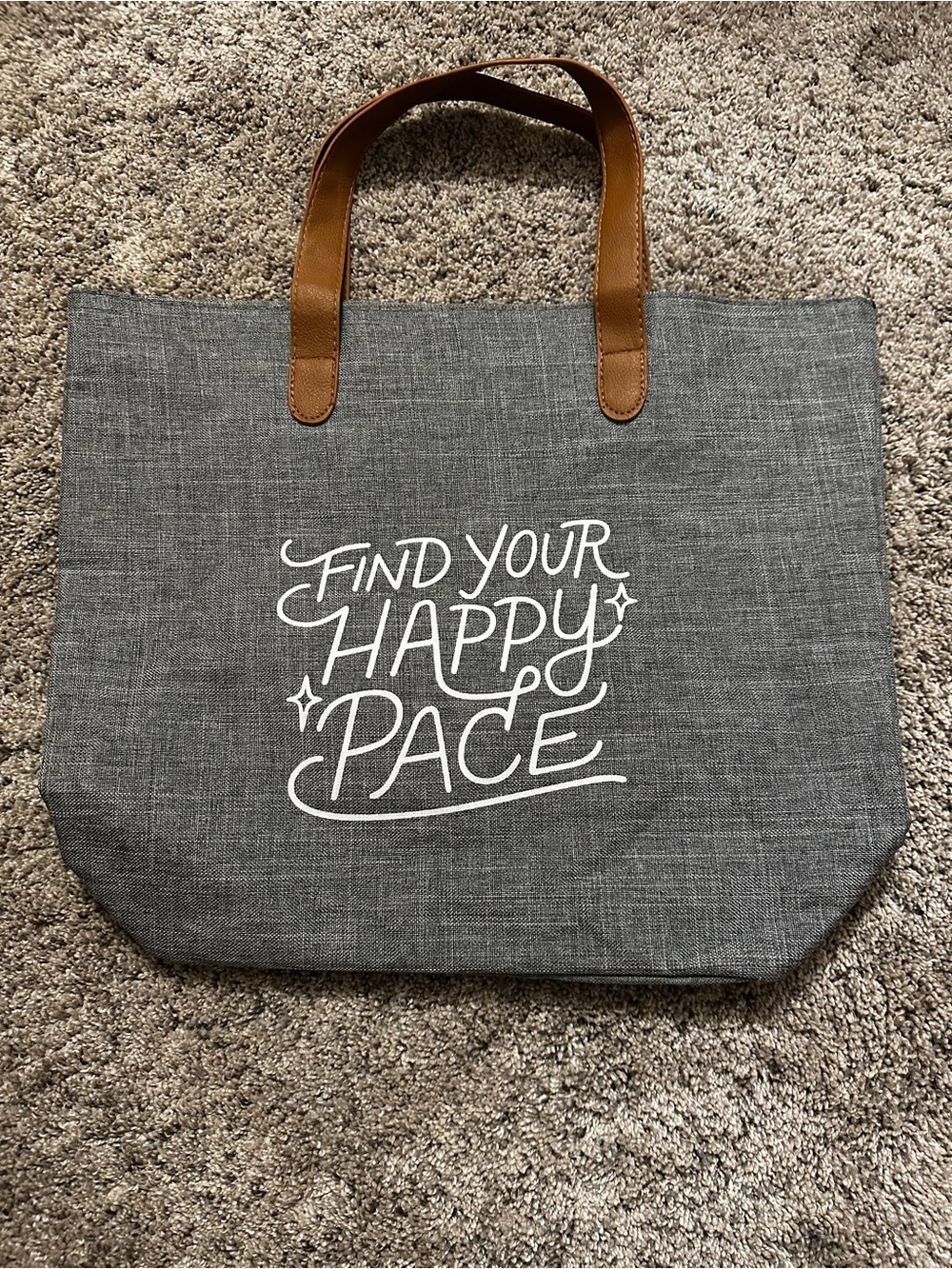 Brooks Gray Tote Bag with White Script and Brown Handles